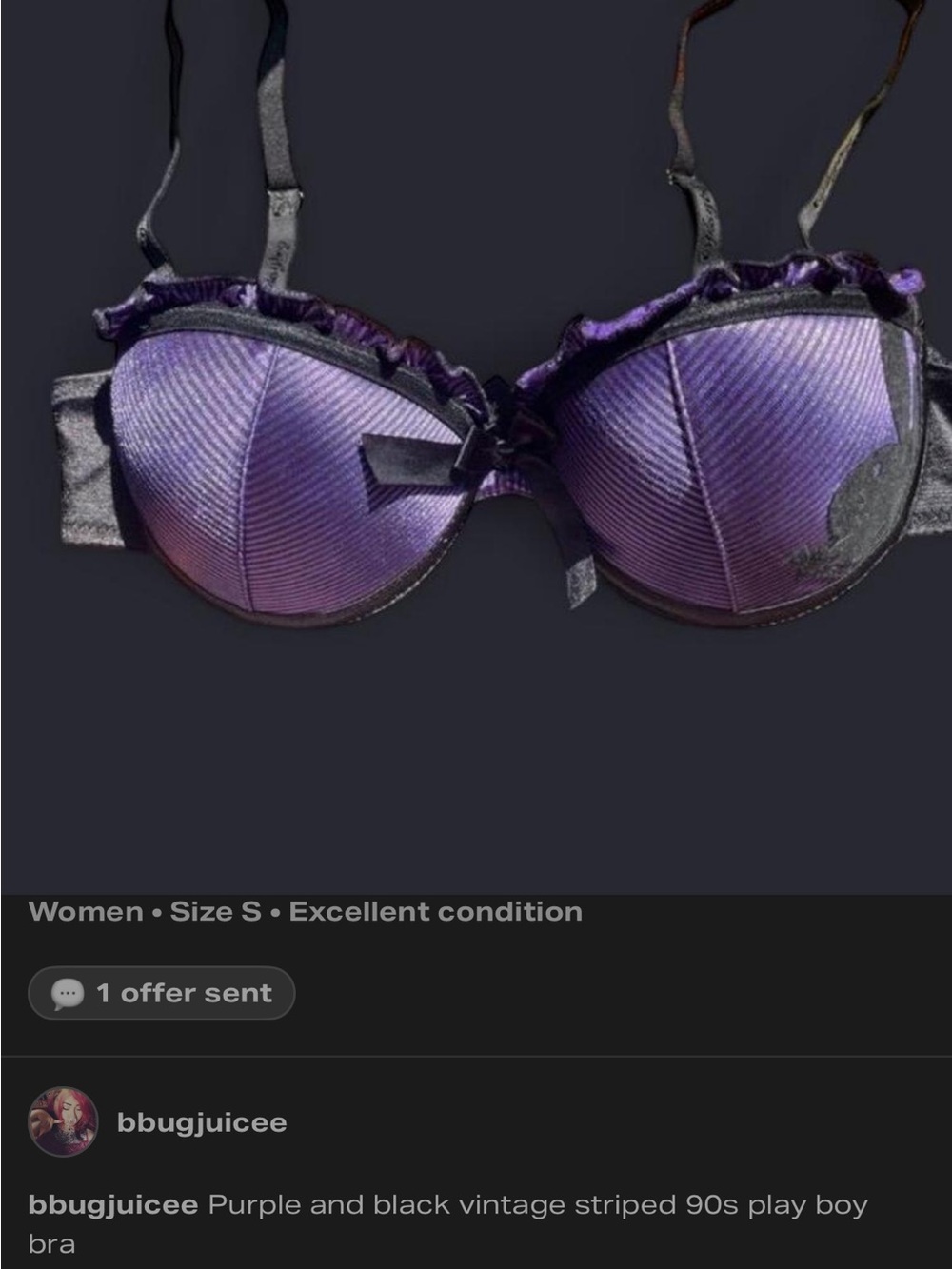 PLAYBOY Purple and Black Striped Push-Up Bra with Ruffle Trim